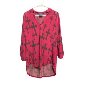 Cowgirl Hardware Pink Gothic Cross Print High Low Tunic Top Large Western L